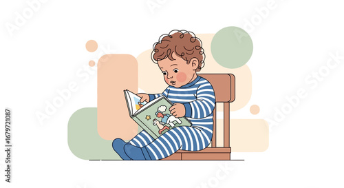 Curious Young Child Fascinated By Colorful Storybook in Bedtime Pajamas