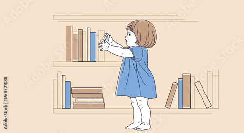 Curious Young Child Reaching For A Book From The Bookshelf In Her Room Illustration