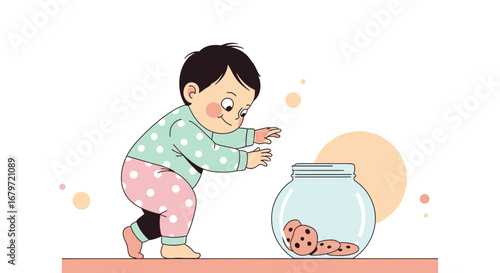 Curious Young Child Reaching For Cookies, Illustration Depicting Childhood Joy And Treats