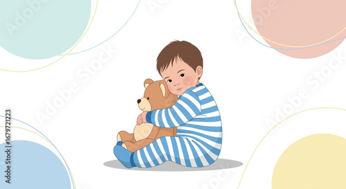 Cute baby boy hugging a teddy bear, representing comfort, childhood, and affection illustration