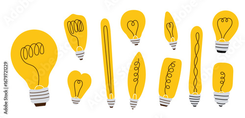 Hand-drawn doodle vector illustration of filament LED light bulbs. Minimal linear set with transparent glass shapes and glowing filaments. Perfect for energy themes, electricity design, innovation con
