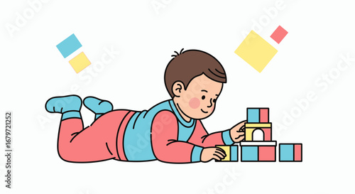 Cute baby boy playing with building blocks on the floor in a colorful illustration