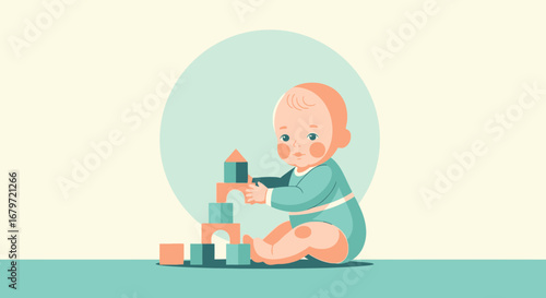Cute baby building tower of blocks, playing, childhood, toys, development and fun time