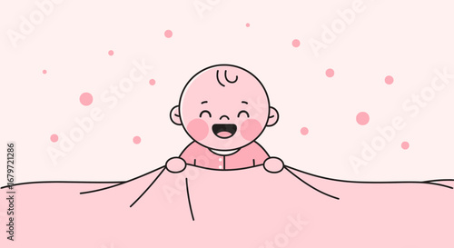 Cute baby cartoon character with a happy expression and holding a blanket in pink