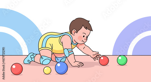 Cute baby crawling and reaching for colorful balls in an adorable illustration