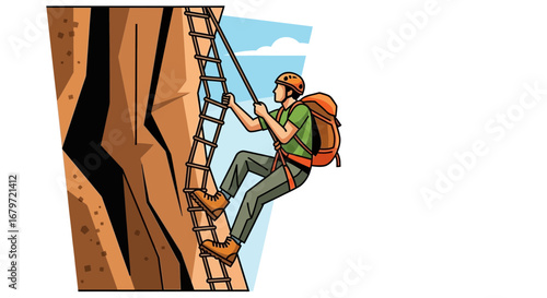 Climber Ascending Rocky Terrain Using Ladder: Outdoor Adventure and Risk