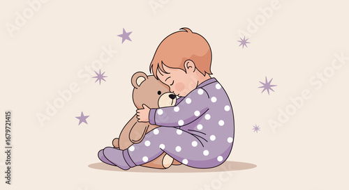Cute Baby Cuddling Teddy Bear in Sleepy Time Pajamas, Peaceful and Calm Illustration