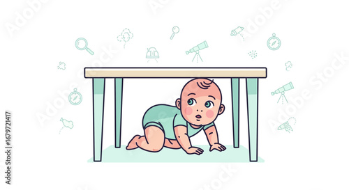 Cute baby crawling under a table with scientific and exploration symbols around