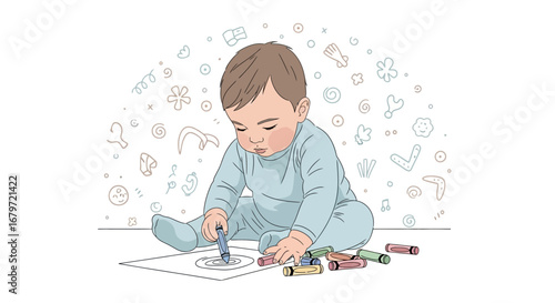 Cute Baby Drawing with Crayons on White Paper and Surrounded with Cute Elements