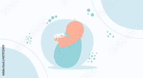Cute baby drinking from bottle, illustration of newborn with abstract shapes and clean design