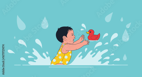 Cute baby enjoying playtime with a rubber duck in water, happy childhood concept