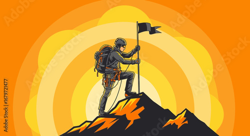 Climber Planting Flag on Peak Achieving Goal with Sunset Backdrop Illustration