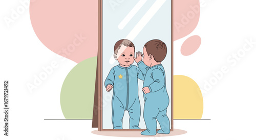 Cute baby exploring his reflection in a mirror, playing and discovering himself