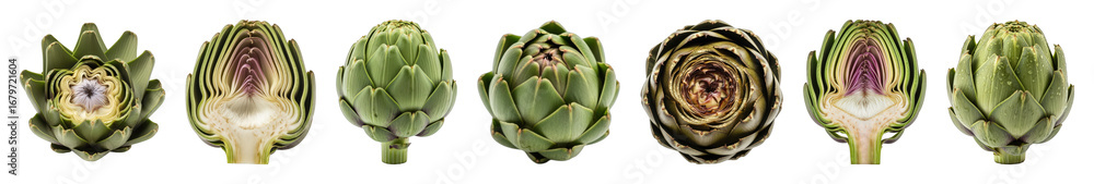 Obraz premium Green artichoke set including whole, halved, and fresh wet forms isolated. Healthy vegetable for cooking, food preparation, and diet.