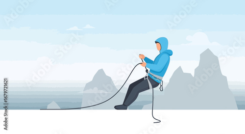 Climber Rappelling Down Mountain With Safety Rope Against a Wintery Backdrop