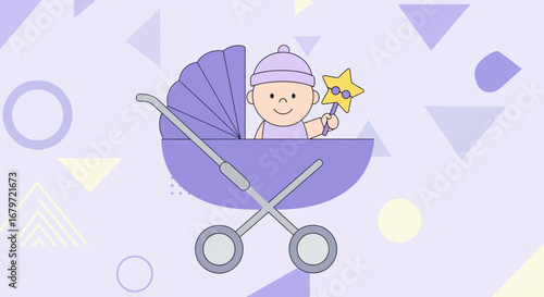 Cute baby in a stroller with a star wand on a pastel geometric background