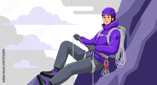 Climber Scaling a Rock with Rope, Harness, and Helmet During Adventure in the Mountains