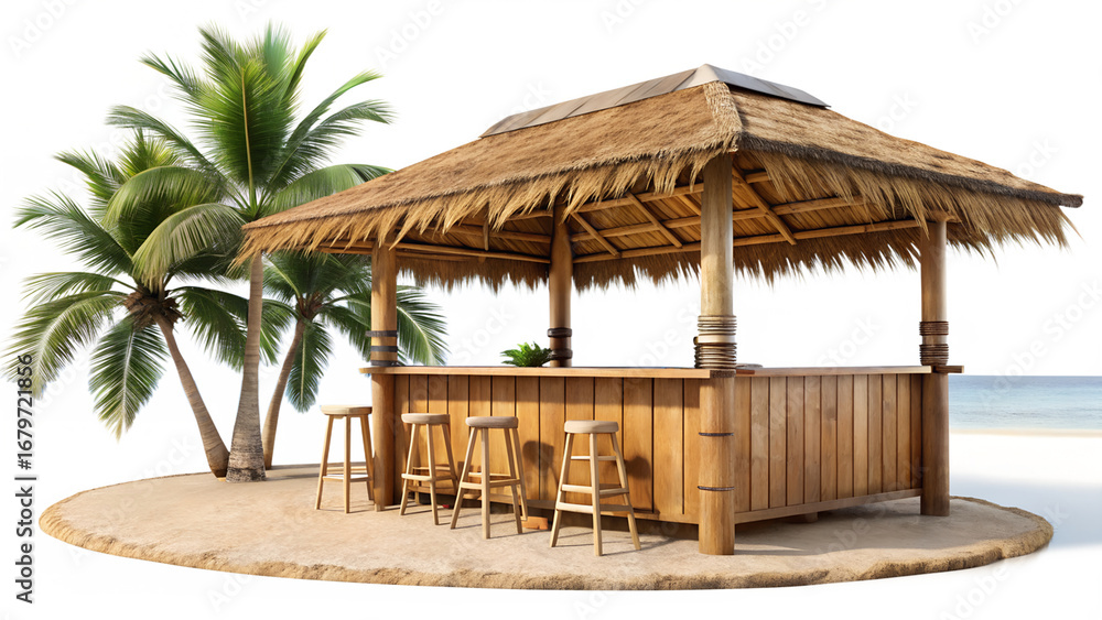 Fototapeta premium A tropical beach bar hut with palm trees isolated on transparent background, perfect for summer vacation and relaxation getaway concept