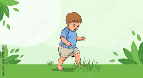 Cute Baby Making First Steps In Garden, Walking Through The Green Grass And Exploration