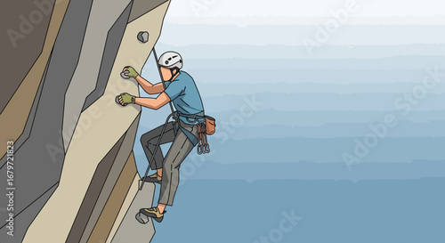 Climbing Adventure: A Dynamic Illustration of a Rock Climber Ascending A Difficult Cliff, High