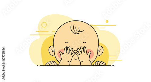 Cute Baby Peeking Through Her Hands, Playful Child Vector Illustration