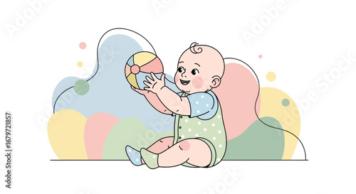 Cute baby playing with a colorful ball, joyful illustration on white background