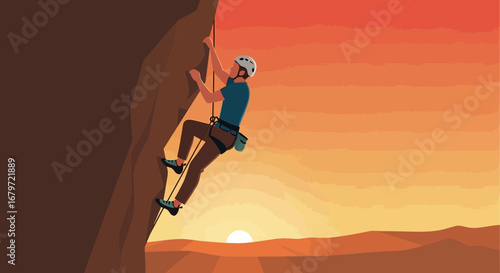 Climbing High: Adventurous Climber Ascending a Mountain During Sunrise's Golden Hues