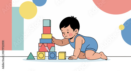 Cute baby playing with colorful building blocks, vector illustration of childhood