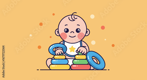 Cute baby playing with colorful stacking rings, a joyful illustration perfect for kids