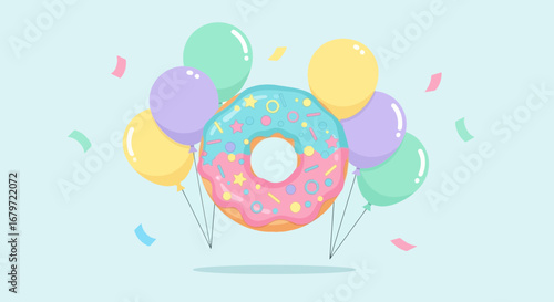 Colorful donut with balloons and confetti, a cute pastel illustration for celebration