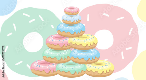 Colorful Donut Tower Illustration Featuring Pastel Tones and Sprinkles on a Clean Backdrop