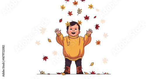 Cute baby playing with fallen leaves, enjoying autumn season, cartoon illustration