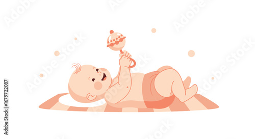 Cute baby playing with rattle on the floor isolated in vibrant color illustration