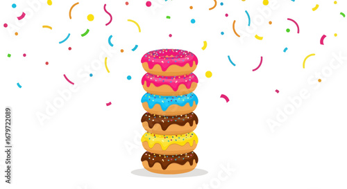 Colorful Donuts Stacked with Confetti: A Sweet and Festive Dessert Treat Illustration