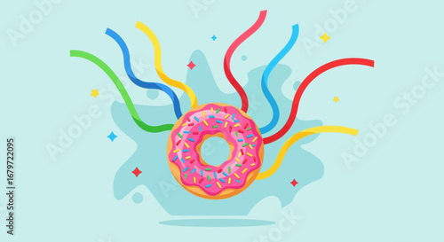 Colorful donut with sprinkles and festive streamers illustration on a soft blue background