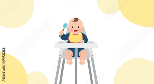 Cute baby sitting in a high chair holding a spoon and ready to eat food