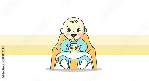 Cute Baby Sitting In High Chair And Drinking From The Bottle With A Happy Face