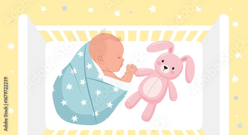 Cute baby sleeping in a crib with a pink bunny plush toy, baby shower concept