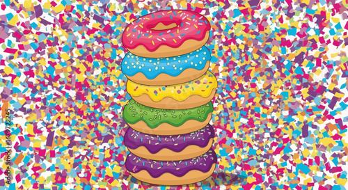 Colorful Stack of Glazed Donuts with Sprinkles on a Vibrant Background