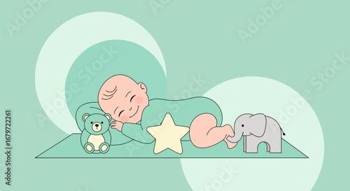 Cute baby sleeping on green background with teddy bear, star and elephant toy