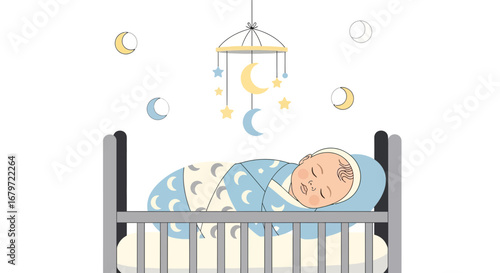 Cute baby sleeping in a crib, with decorations and a mobile, vector illustration