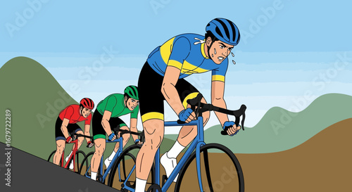 Competitive Cyclists: Intense Race on a Hill, Sweat, Stamina, and Victory Ahead