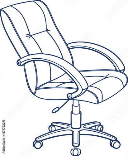 Modern ergonomic office chair illustration featuring cushioned seat, high backrest, and adjustable swivel design. Perfect for workplace furniture concepts and home office interiors. Detailed line art 