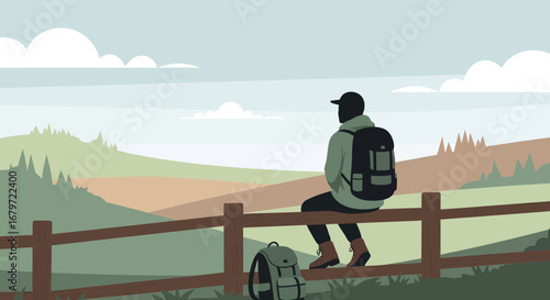 Conceptual illustration of a hiker with a backpack looking at a beautiful landscape scene