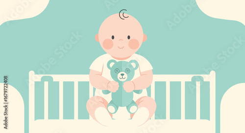 Cute Baby with Teddy Bear in a Crib, Illustration for Baby Products and Nursery Decor