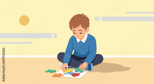 Confused Child Struggles To Solve Puzzle, Demonstrating Concentration And Perseverance