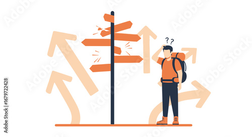 Confused hiker looking at a broken signpost with multiple arrows pointing different ways