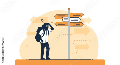 Confused traveler facing a signpost with arrows representing multiple directions