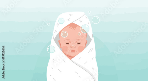 Cute Baby Wrapped In a Towel Relaxing After a Bath With Bubbles Floating Around
