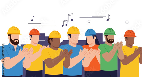 Construction workers clapping, celebrating and listening to music, concept illustration design